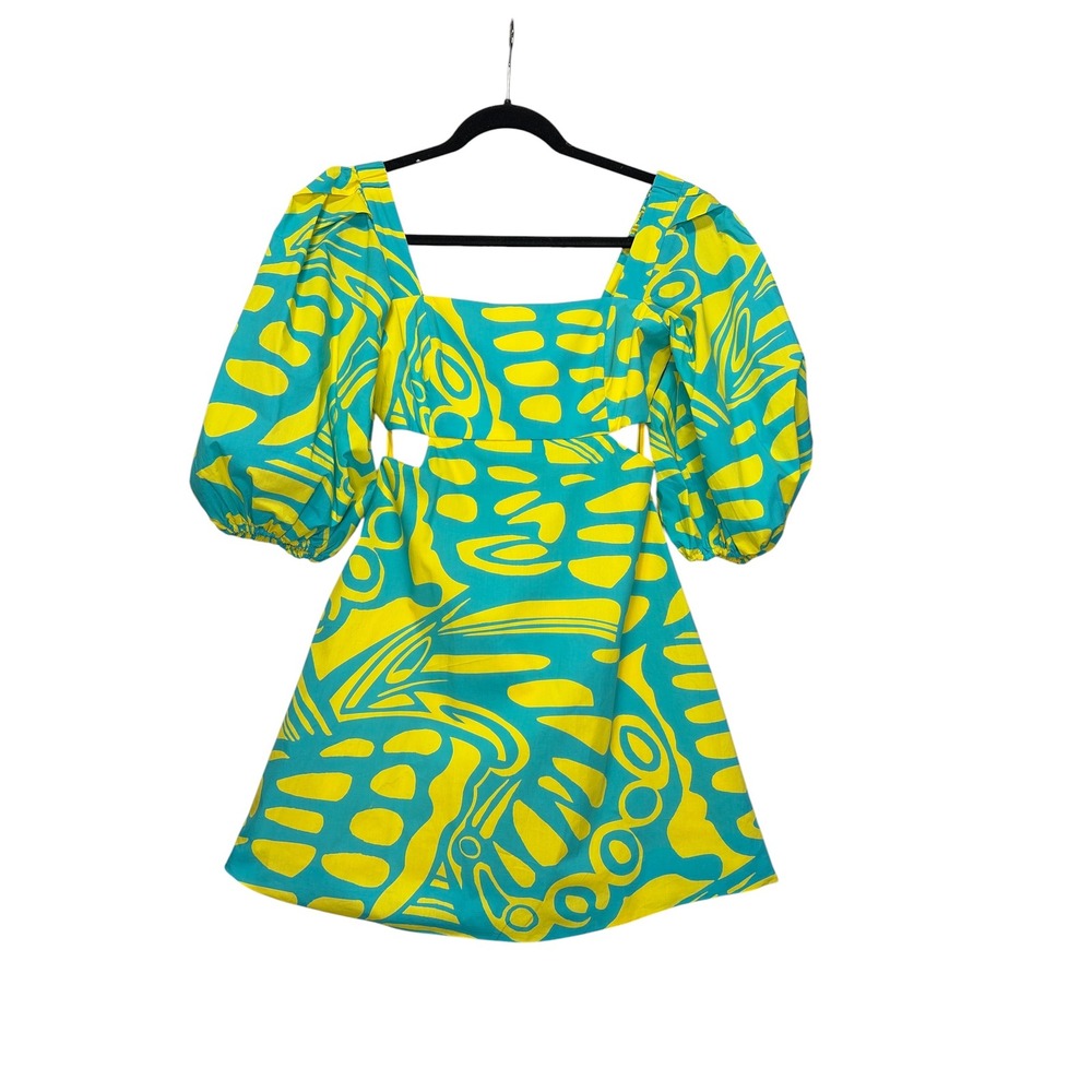 Alexis Bodhi Turquoise Yellow Print Puff Sleeve Cutout Mini Dress Open Back M - Picture 5 of 9